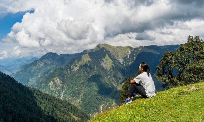 solo woman trekker enjoying the mountain view, Jalori Pass